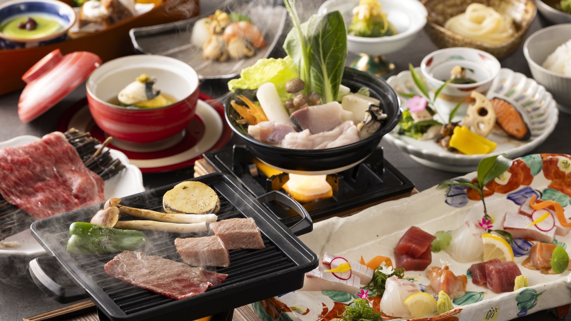 【かに食べ放題／土地の恵み会席】讃岐のプレミアム黒毛和牛、「オリーブ牛」を味わう