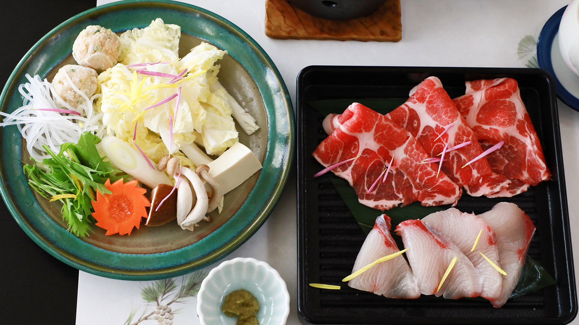 ・【鍋コース一例】豚肉とブリのしゃぶしゃぶを楽しめます♪冬の味覚を味わいませんか