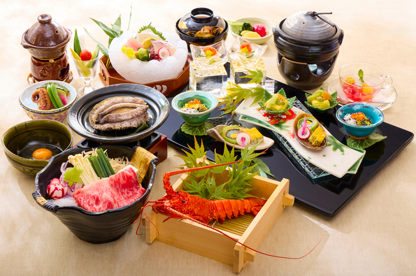 【秋冬スペシャルプラン①】高級三大味覚　名物伊勢海老蒸し・アワビ陶板焼き・松阪牛を堪能