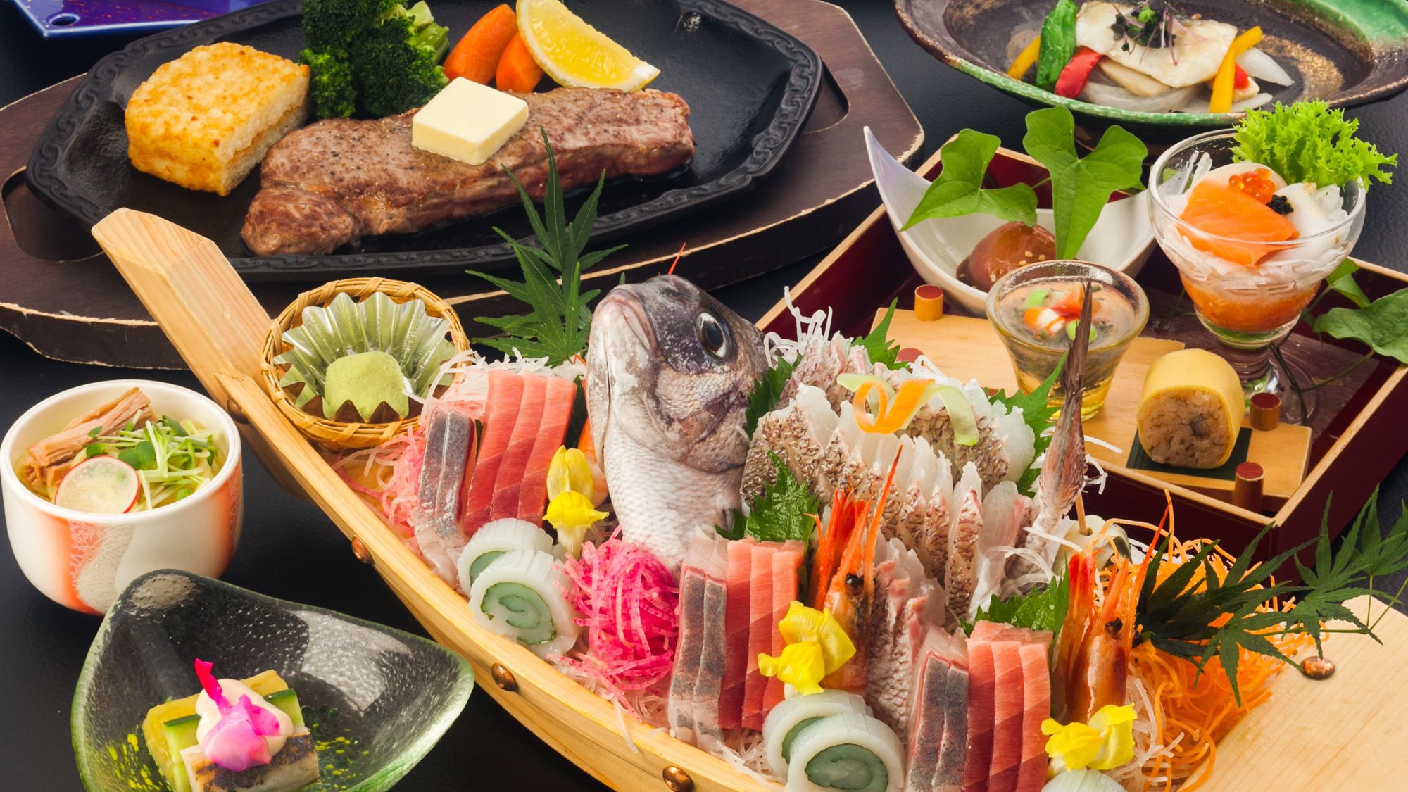 【伊豆箱根旅】【牛・舟】≪当館１番人気≫ステーキ＆新鮮舟盛り付和会席膳【部屋食】