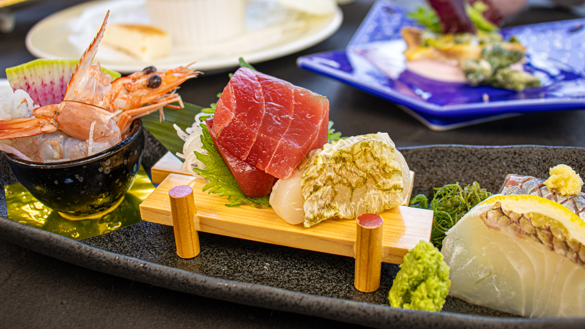 2026年3月4月《お献立一例》お造り： 鮪、鯵、鯛、平貝、天使の海老♪