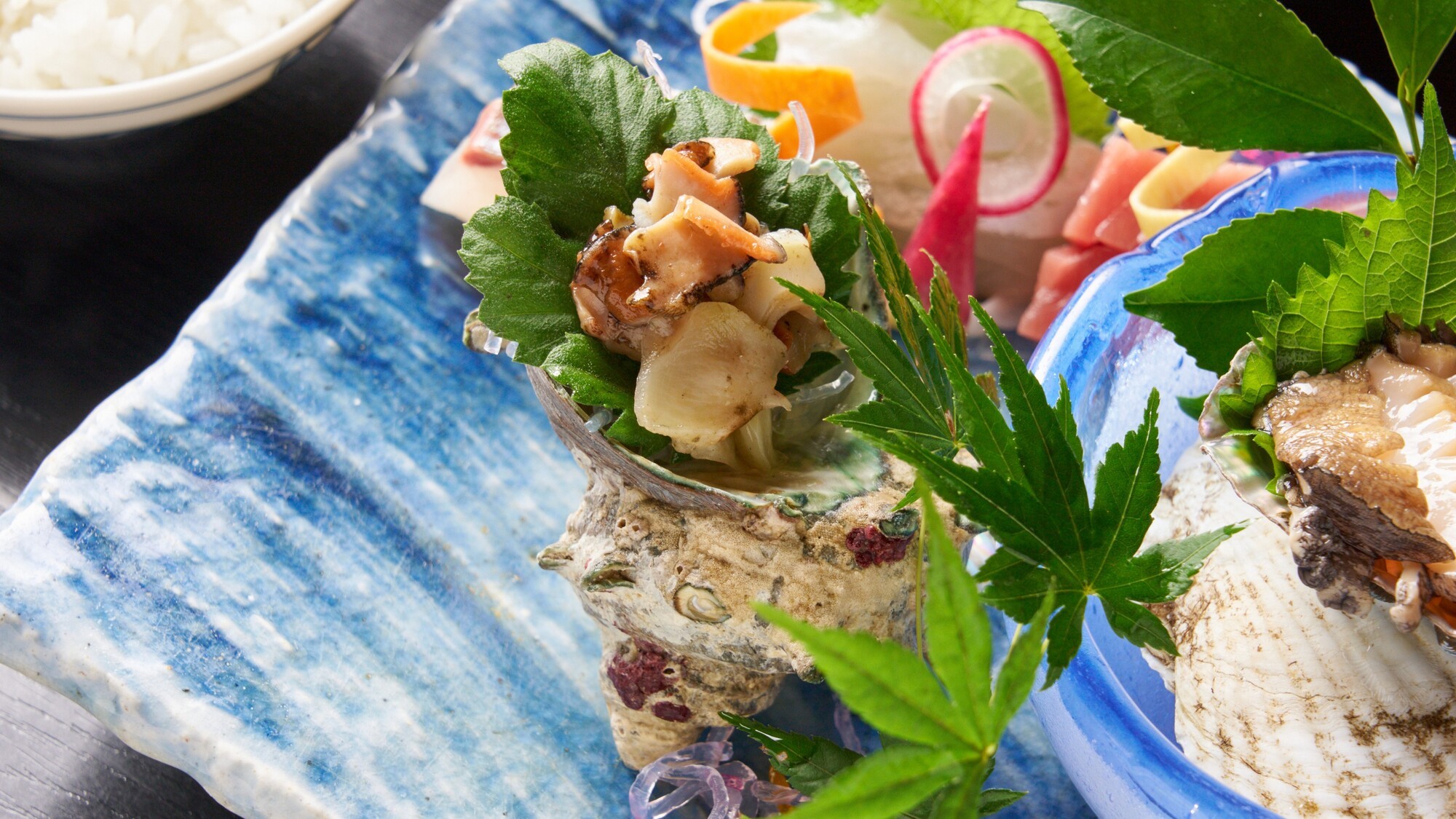 【夕食】あわび造りと旬の刺身　5種盛合せ