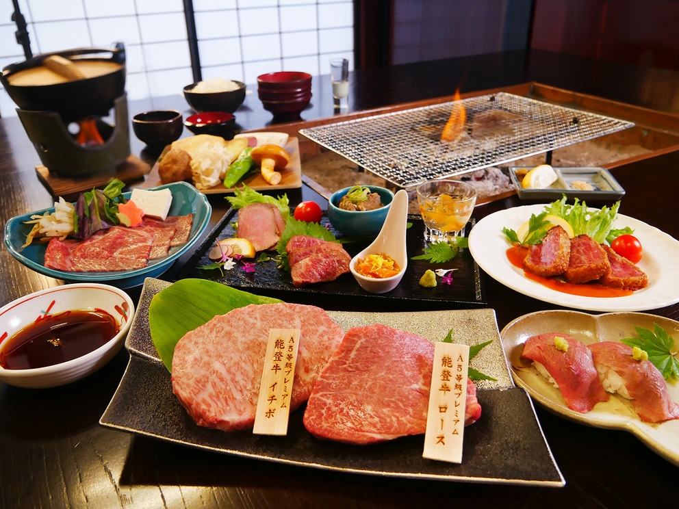 最高A5プレミアム能登牛ステーキ＆寿司＆鍋＆串焼きズラリ♪豪華和牛尽くし炭火膳★記念日にもおすすめ！