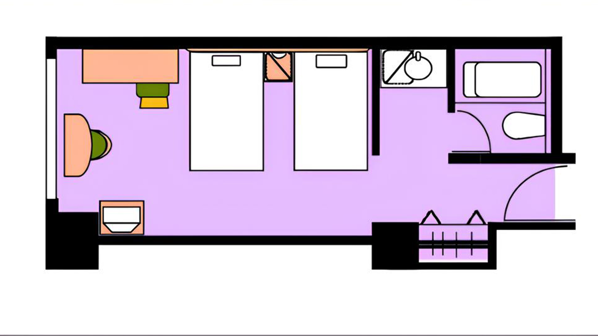 【高層階ツインルーム（23.08㎡）】オーシャンビュー      レイアウト