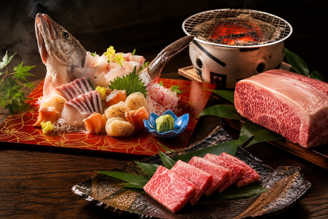 【限定SALE｜4400円OFF】１日３組限定｜炭火和牛ステーキ×旬魚の姿造り「創る会席」飲み放題付