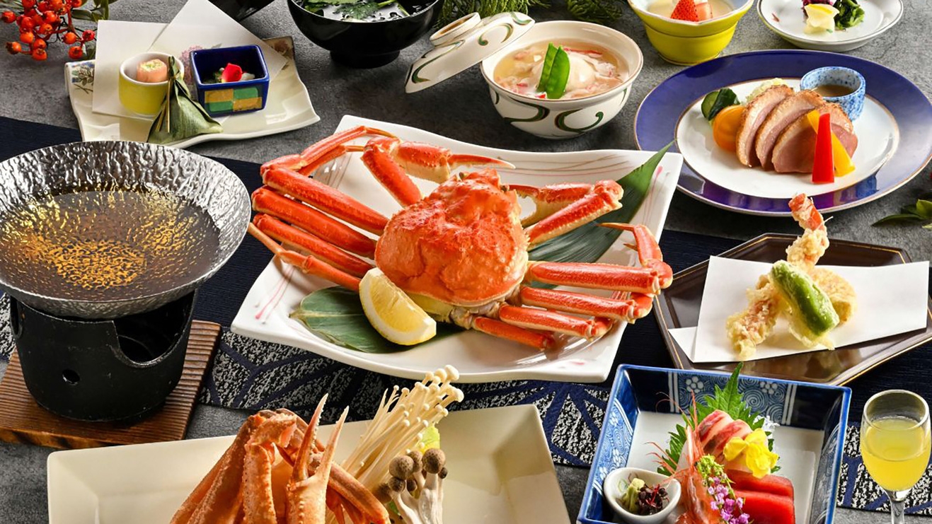 【かに会席】姿ずわいがに・蟹すき鍋・蟹天ぷら・蟹饅頭の蒸し物など≪本ずわいがに1.7杯相当≫