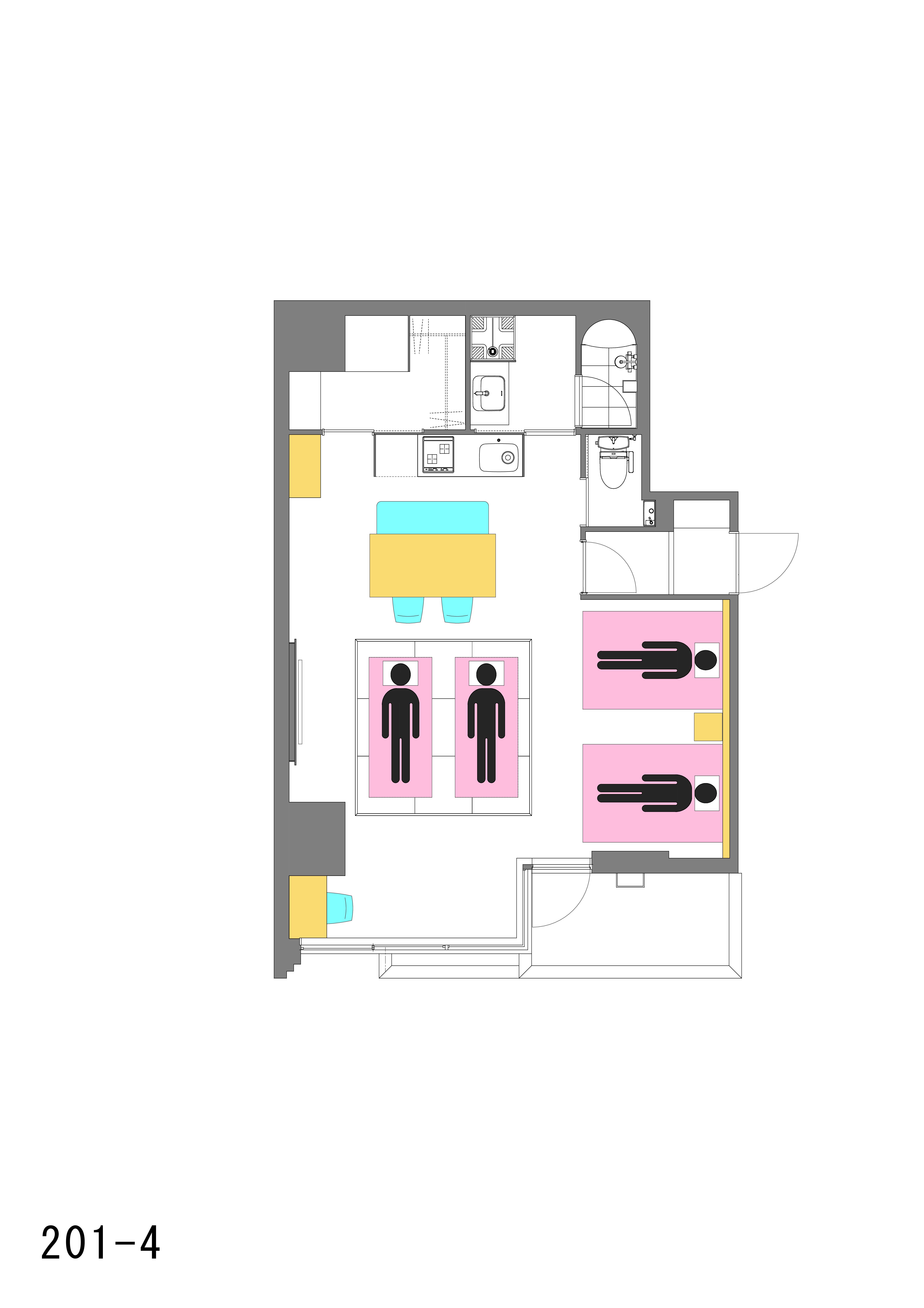 タイプA：4名利用イメージ/ダブルベッド&times;2台・布団&times;2組