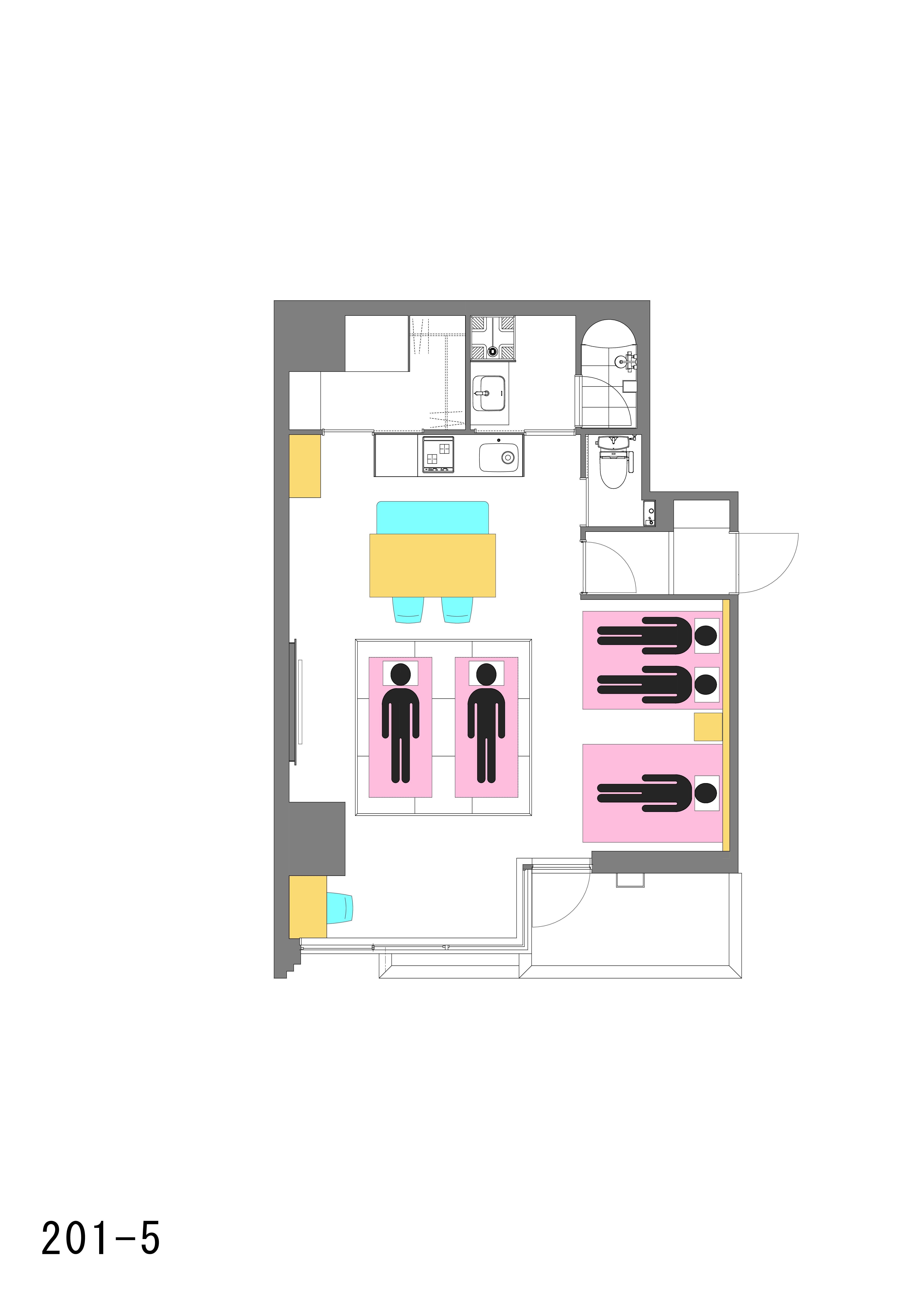 タイプA：5名利用イメージ/ダブルベッド&times;2台・布団&times;2組