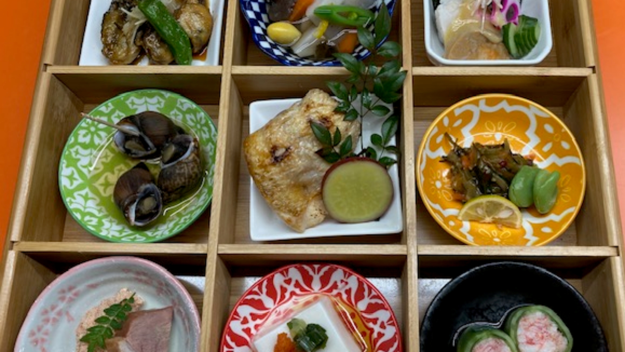 *味覚会席／九重盛（のど黒焼物・揚物他・九種類の盛込み）