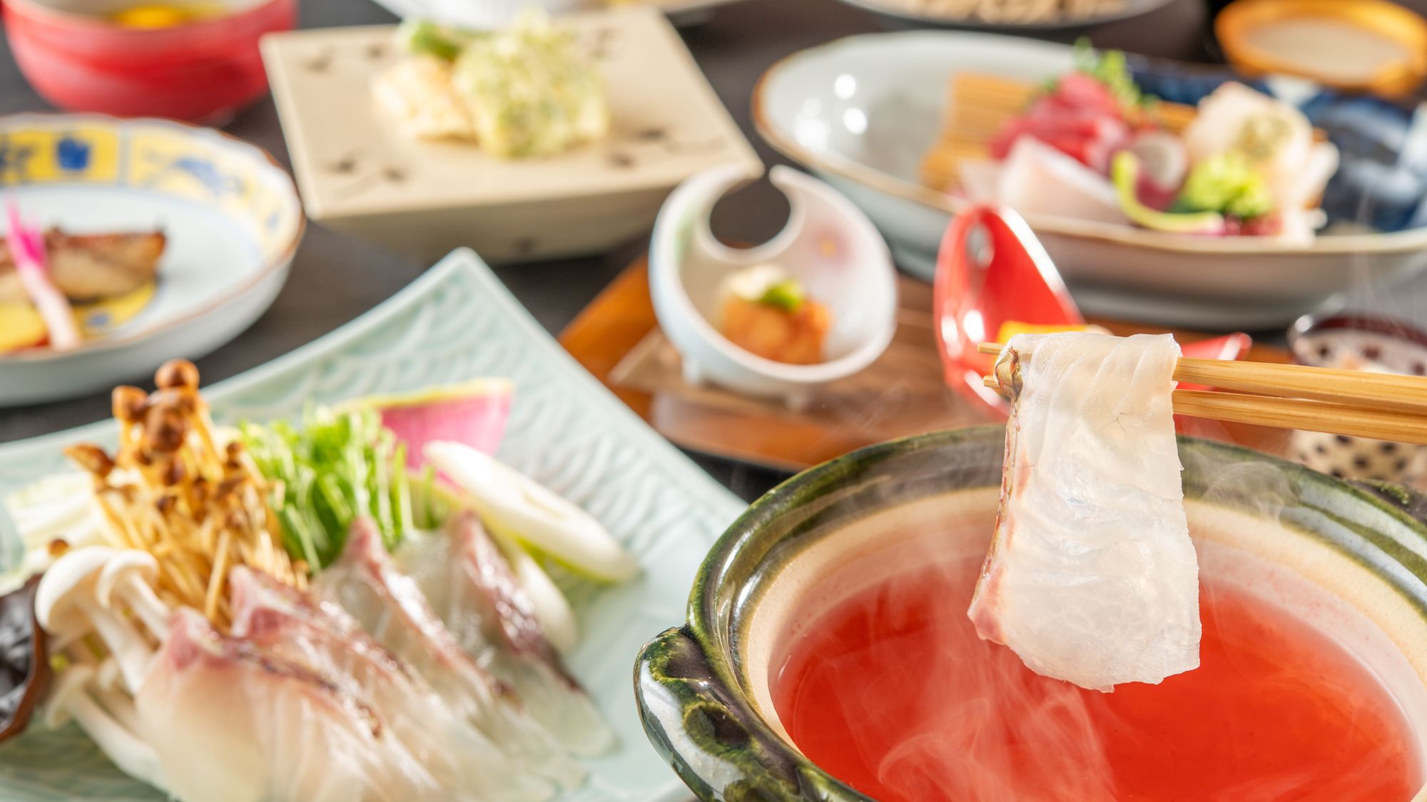 【土地の恵み会席】鯛の紅梅しゃぶしゃぶと鱧の磯部揚げを愉しむ蕎麦会席