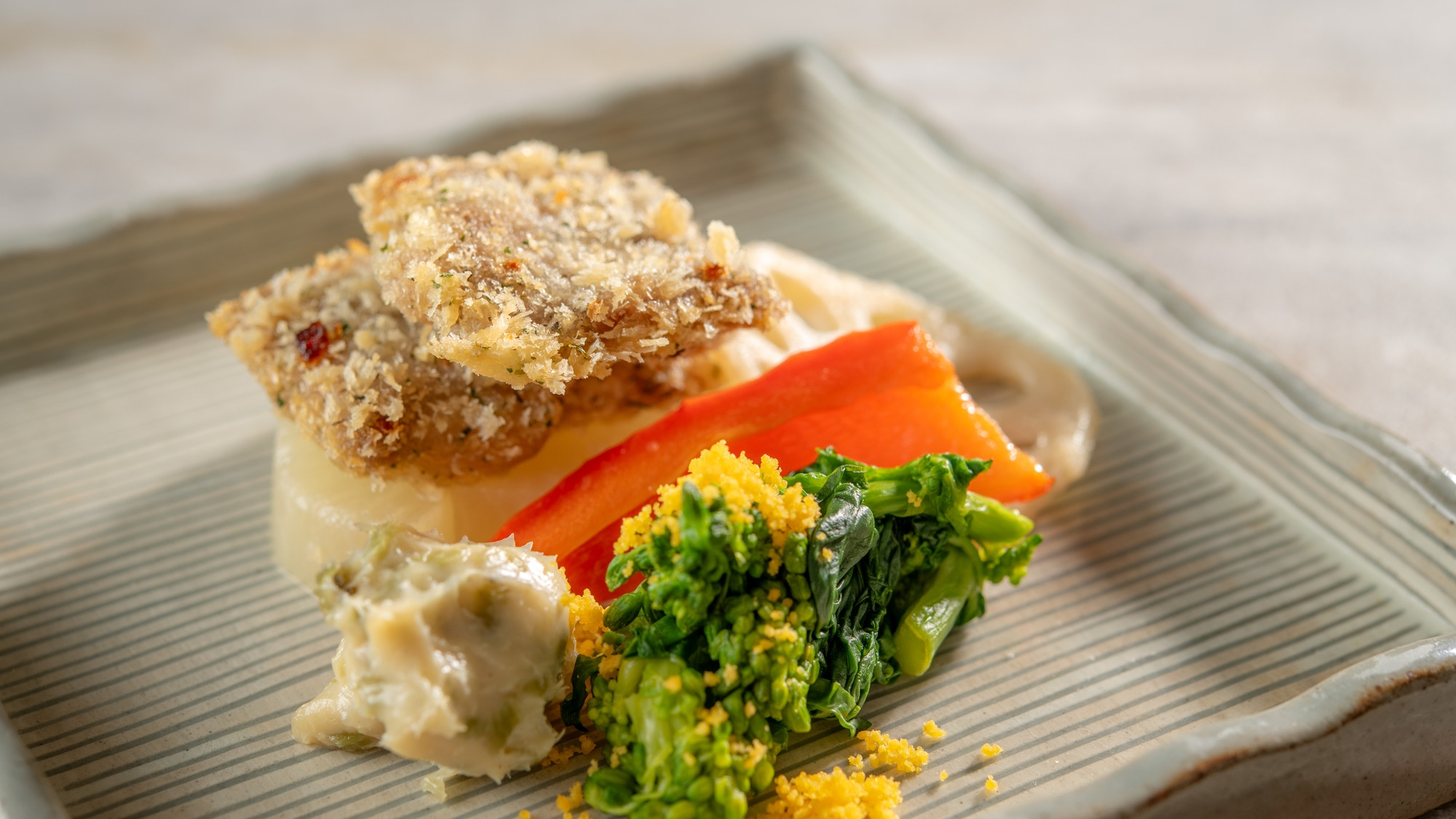 【土地の恵み会席】春（2026年3月～5月）揚物 牛カツ 香草揚げ 大根 菜の花