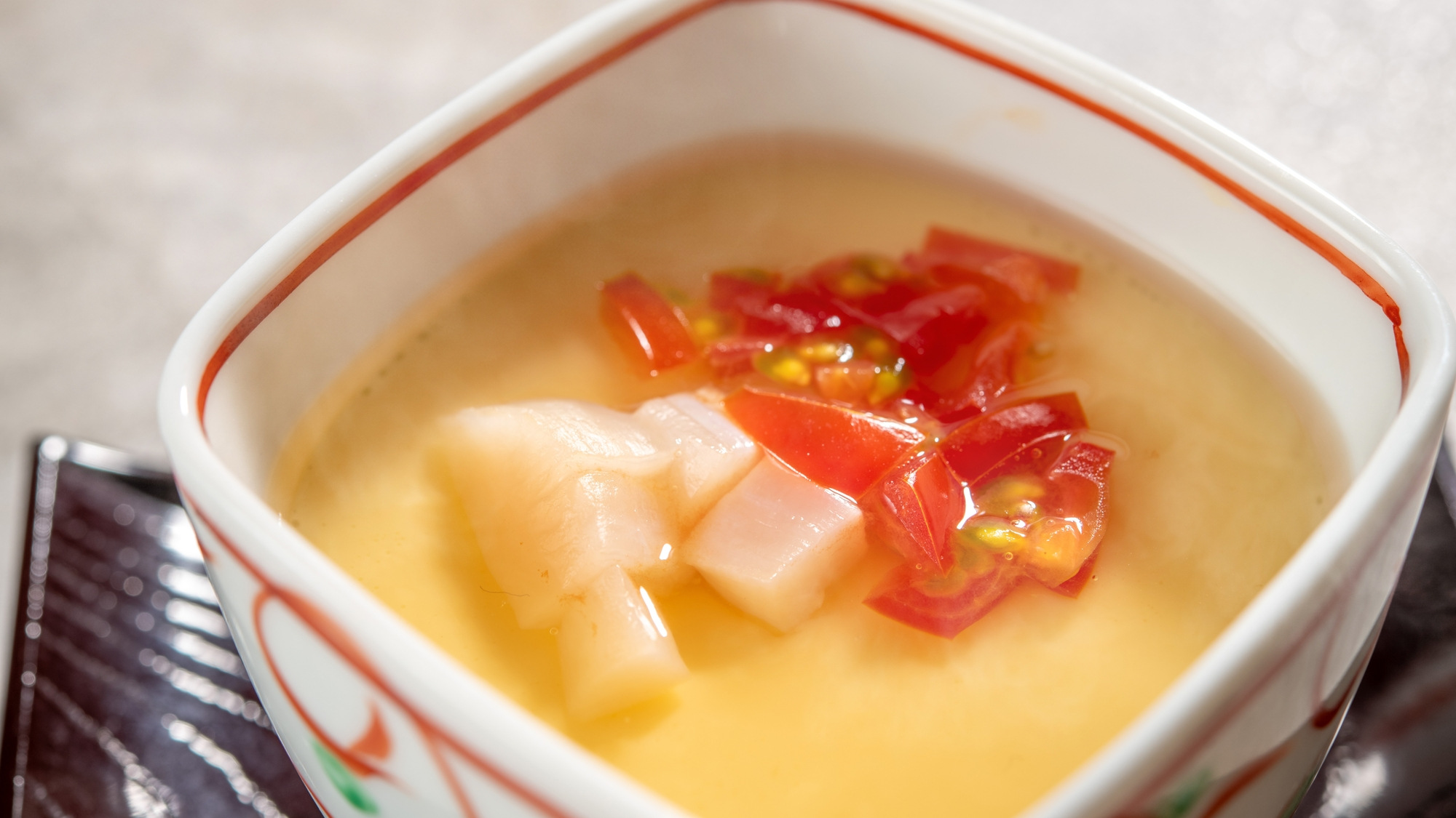 【季節の会席】春（2026年3月～5月）蒸物 トマト茶碗蒸し トマトみじん切りと貝柱