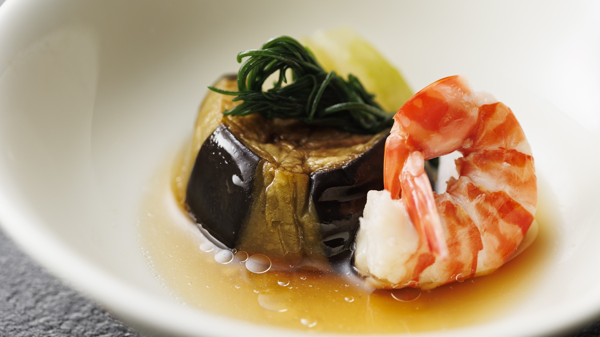 【土地の恵み会席】2026年夏　鴨茄子と才巻海老の炊き合わせ