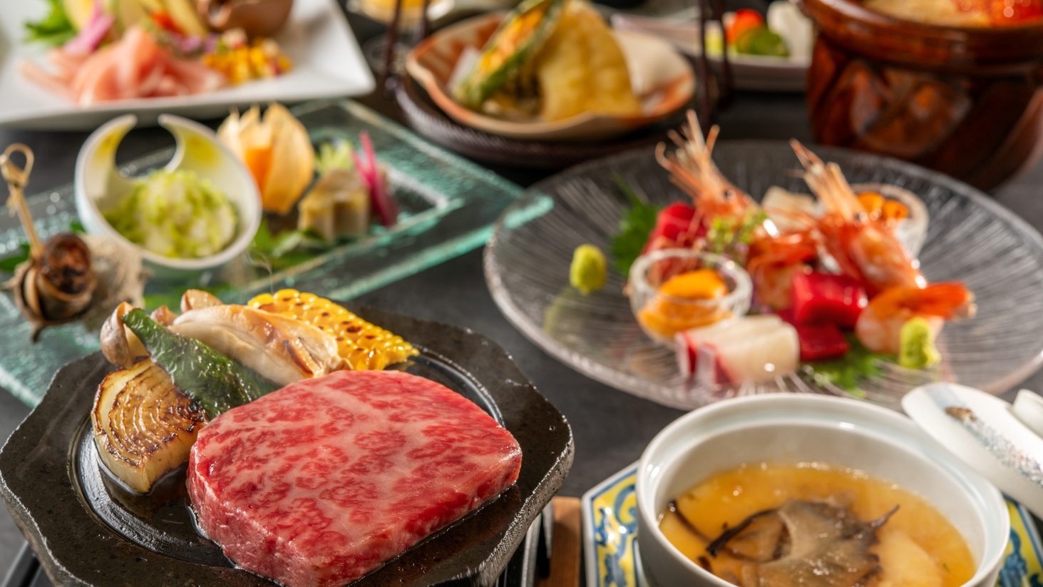 【極み会席】海鮮土鍋ご飯と前沢牛石焼を堪能♪夏野菜をふんだんに旬の夏を味わう旅