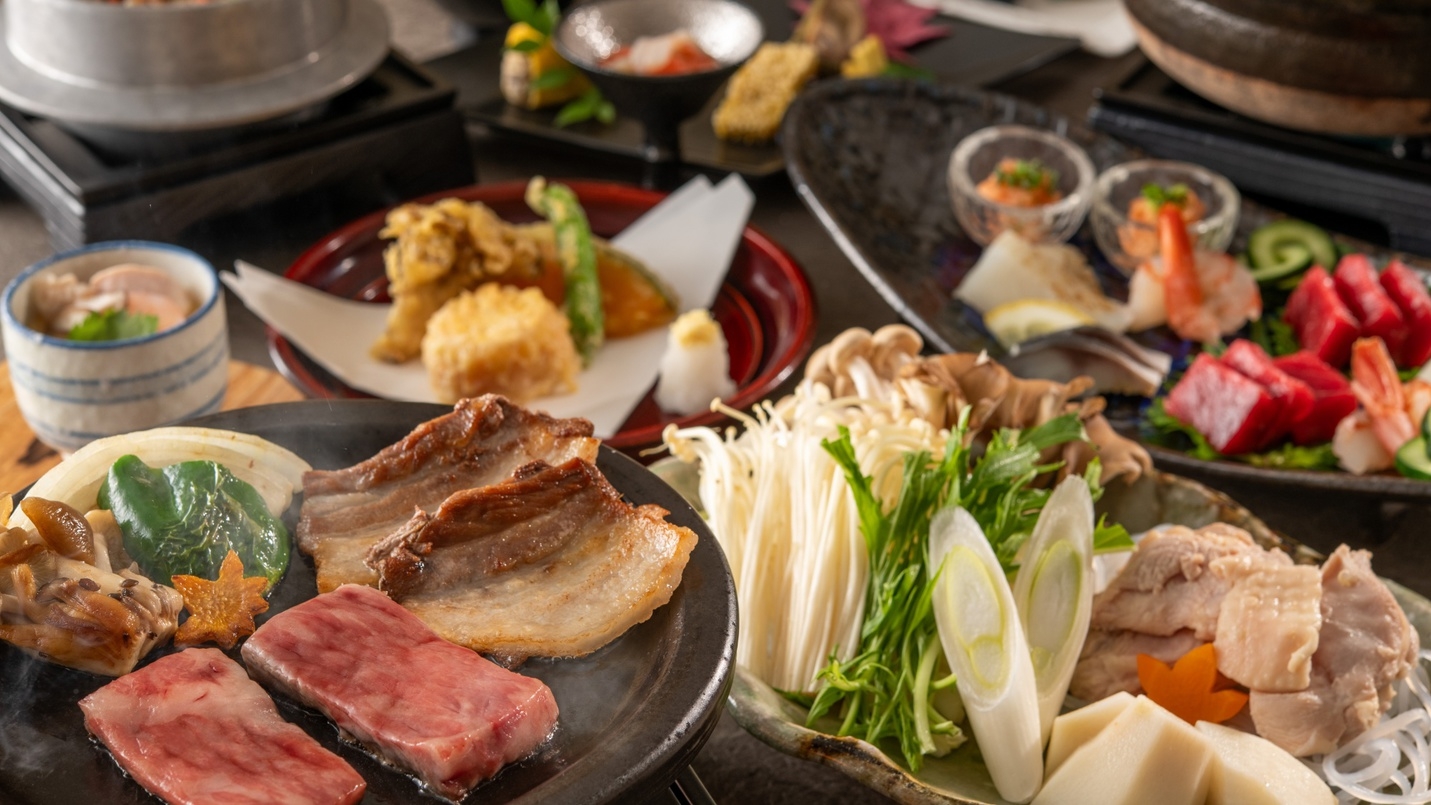 【土地の恵み会席】目に麗しく食べて美味な秋の岩手の味★ブランド牛いわて南牛と白金豚を陶板焼きで