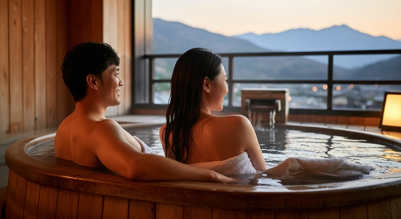 【1泊朝食付】貸切露天風呂をお得に愉しむ♪到着21時までOK／当日18時まで予約可！