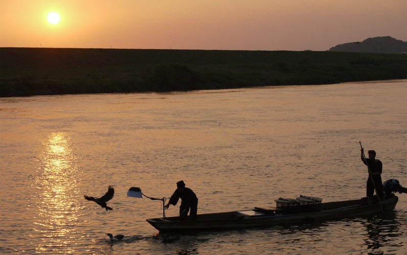 【鵜飼い】例年5月中旬～9月末日まで。筑後川には屋形船が浮かび、夜空の下で鵜匠が鵜を使って漁をします