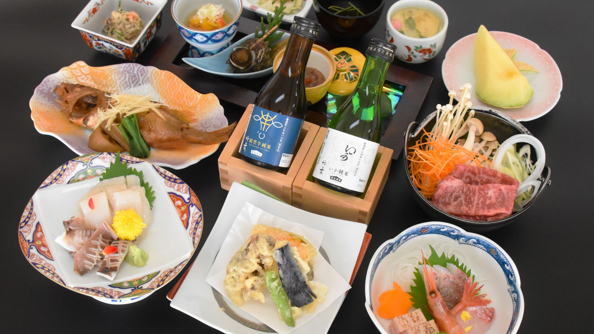 「地元酒蔵：数馬酒造コラボ酒」と食す！能登牛・しいたけ・イカ・地魚『奥能登会席』♪