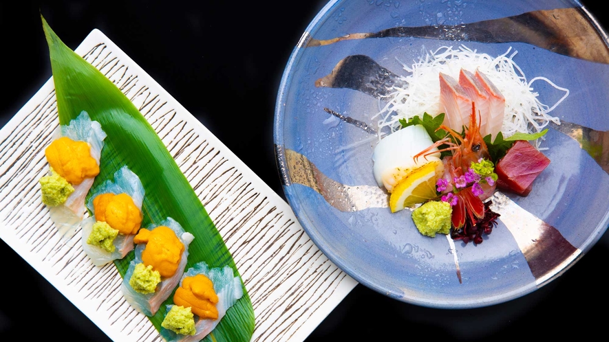 【逸品】鯛と雲丹の磯部巻き・季節の鮮魚