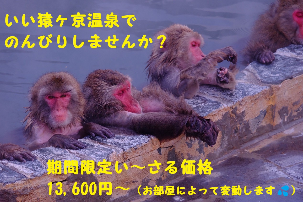 ★いい猿ヶ京★の風呂でのんびりゆったりプラン飲み放題もついて期間限定13，600円〜い〜さる価格