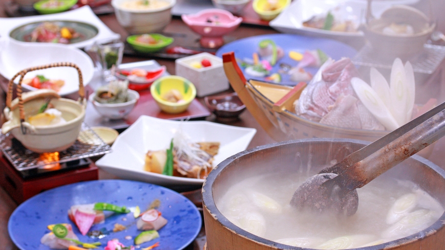 ＜和食コースで味わう＞（鯛まつり）男鹿産真鯛の「名物石焼・粗煮・鯛だし土瓶蒸し・鯛めし」
