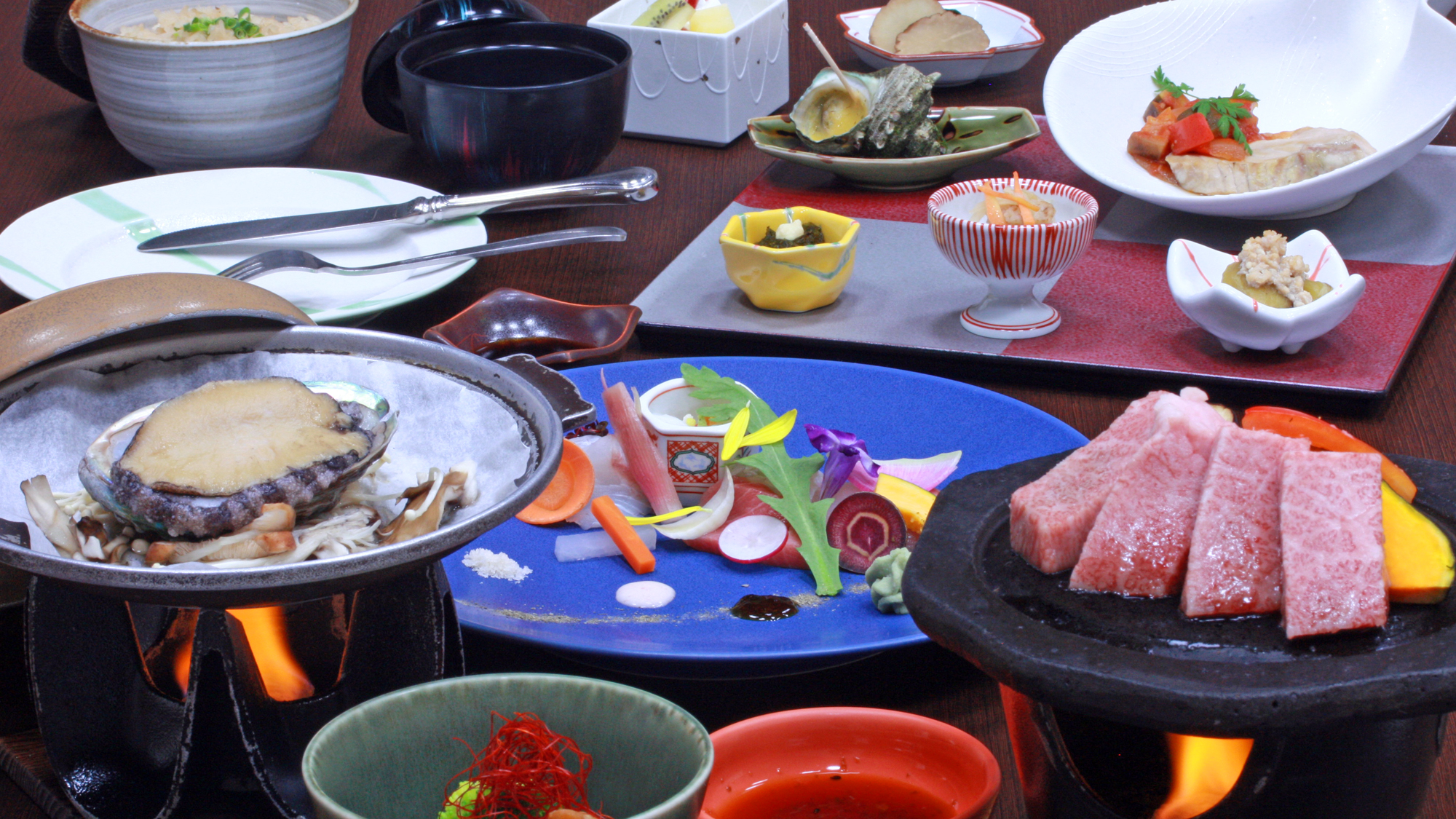 アワビ陶板蒸し＆秋田錦牛ステーキ付、季節の和食コース