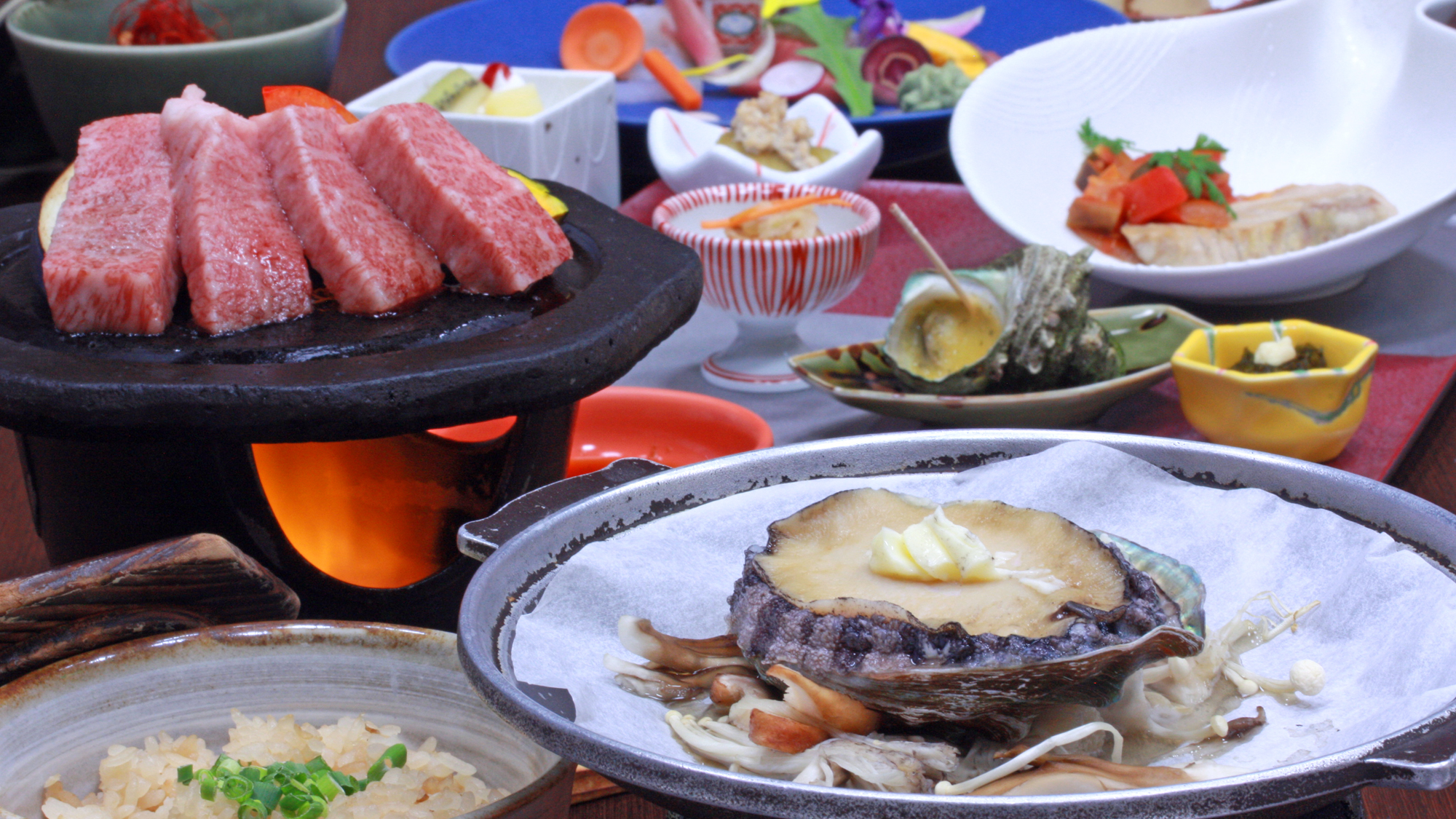 アワビ陶板蒸し＆秋田錦牛ステーキ付、季節の和食コース