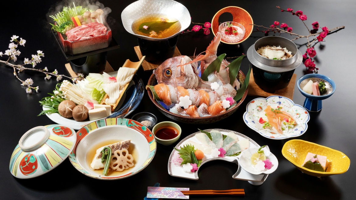 【＊花逢瀬会席＊】淡路島の春を告げる旬食材〜えびす鯛×サクラマス×淡路牛の桜葉香る季節限定会席コース