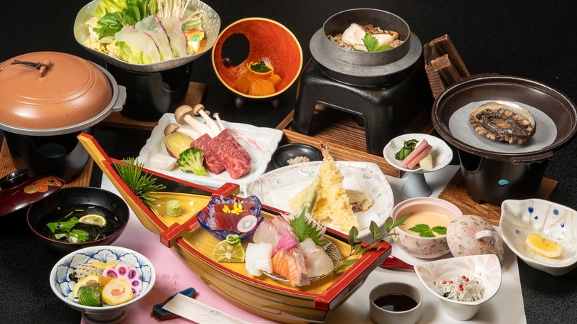 【三大味覚会席】グレードUP！淡路牛×鳴門鯛×鮑+ミニ船盛付！淡路島名物グルメ厳選の豪華味覚プラン