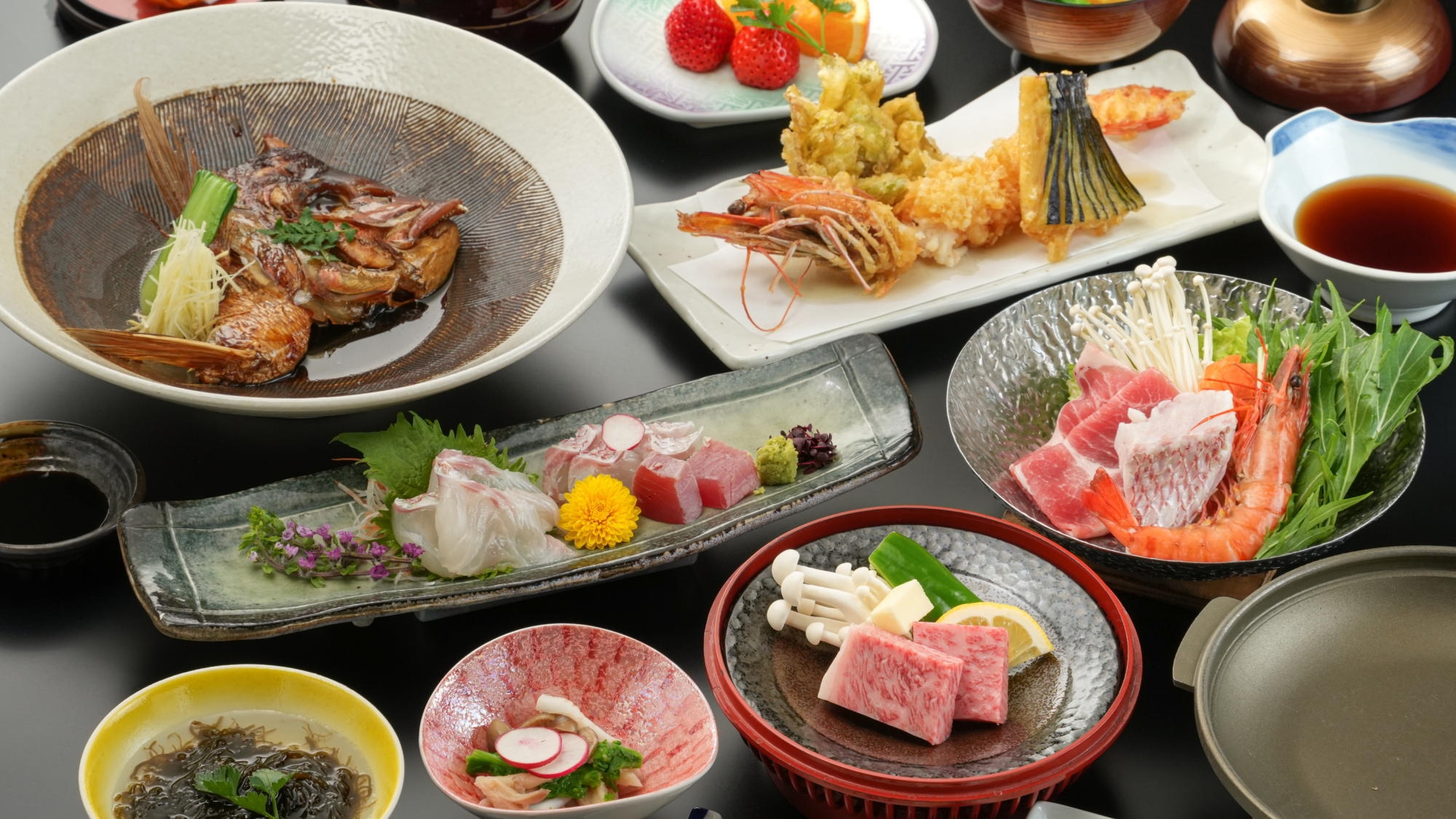 ━『山海味覚』(●゜∀゜●)━★熊本黒毛和牛鉄板焼・大海老天麩羅・名物真鯛あらだき・絶品ダシの寄鍋♪