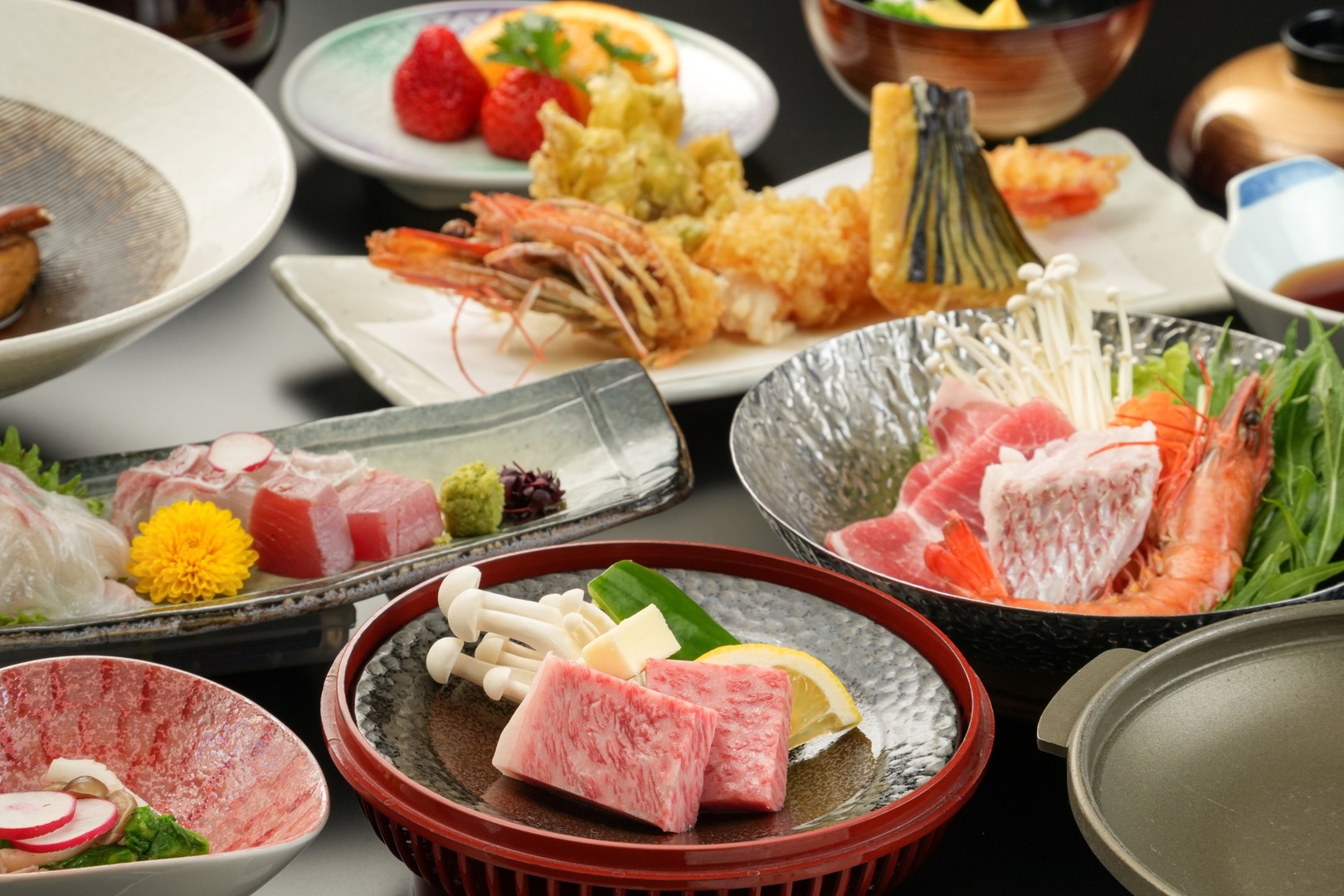 ━『山海味覚』(●゜∀゜●)━★熊本黒毛和牛鉄板焼・大海老天麩羅・名物真鯛あらだき・絶品ダシの寄鍋♪