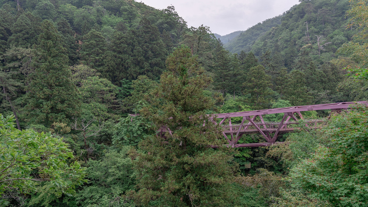 【河鹿の間】お部屋からは鶴仙渓の名所「あやとり橋」の風景をお楽しみいただけます。