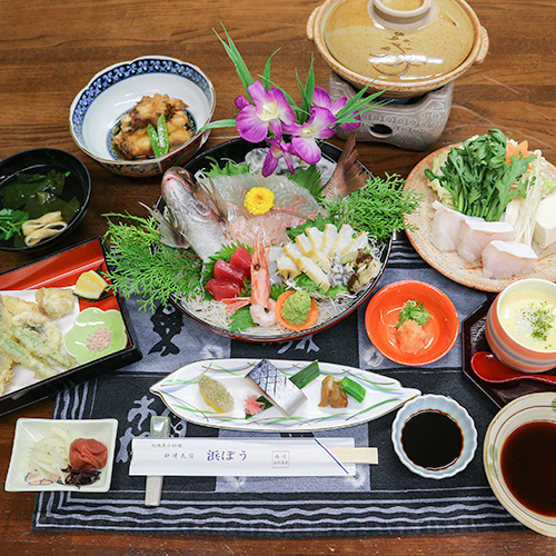 天然クエ1人鍋+地魚姿造りアワビ付きプランの夕食です♪（一例）