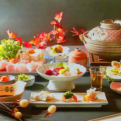 天然本クエ鍋プランの夕食です♪10月～4月までの限定！さっぱり自家製柚子ポン酢でどうぞ！（一例）