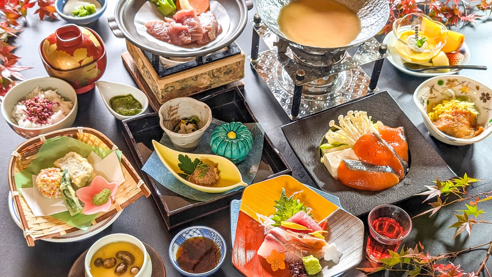 【秋】＜自慢の会席〜旬彩＞「豚ひれ陶板焼きバジルソース」「秋鮭味噌鍋」「牛蒡餅天婦羅」
