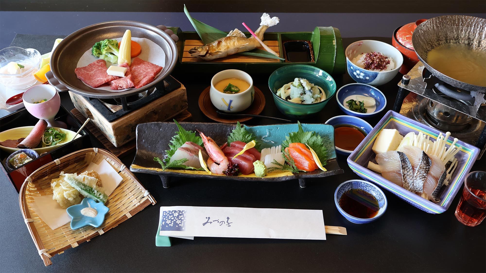 【夏】＜華彩懐石＞「飛騨牛ローストビーフ」「すずきブイヤベース鍋」「国産牛」「あゆ塩焼き」全13品