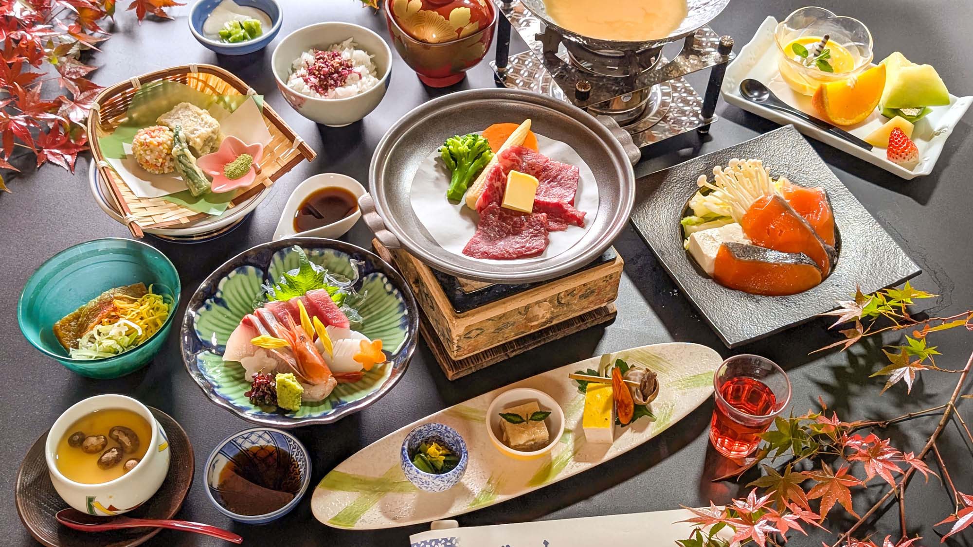 【秋】＜迷ったらこれ！華彩懐石＞「国産牛バター焼き」「秋鮭味噌鍋」「牛蒡餅天婦羅」「お造り4種」