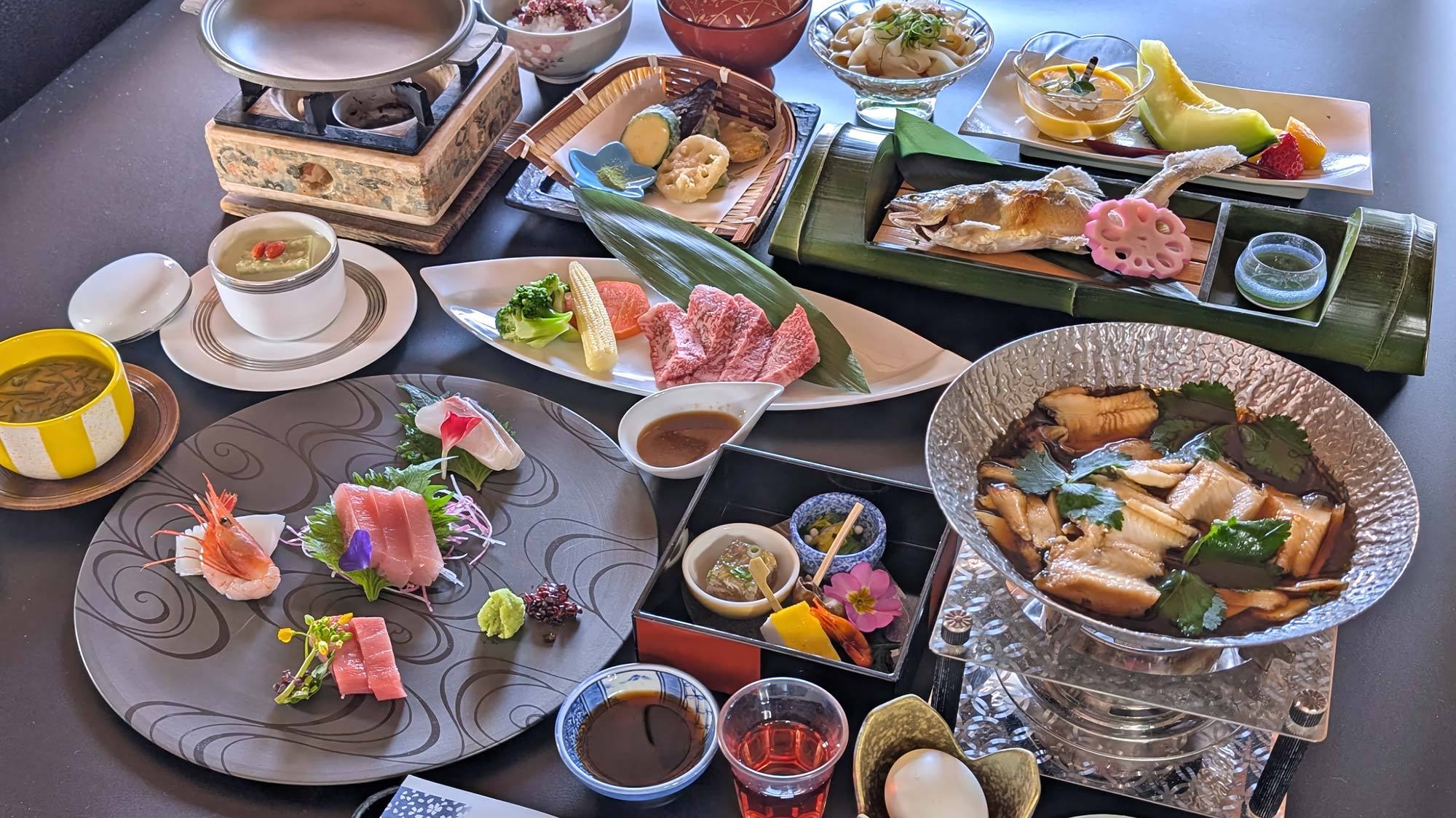 【夏】＜こだわり懐石〜花紀行＞ 「飛騨牛」「穴子柳川鍋」「鮎塩焼き」「枝豆摺り流し」など全13品