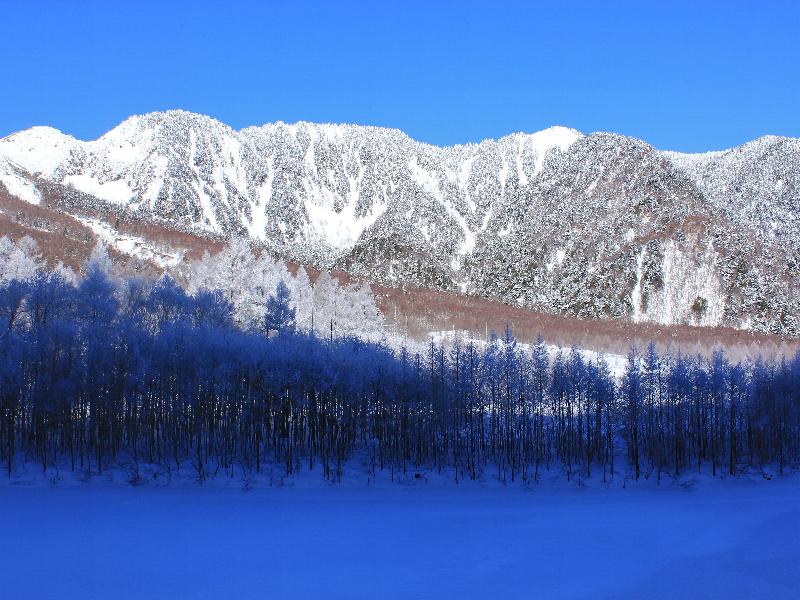霧氷の上高地の氷に覆われた大正池