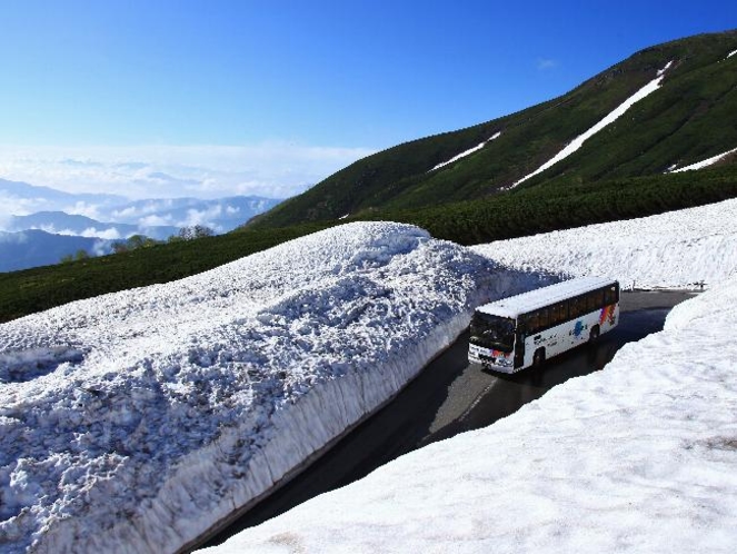 乗鞍エコーラインの雪の壁の間を走るシャトルバス