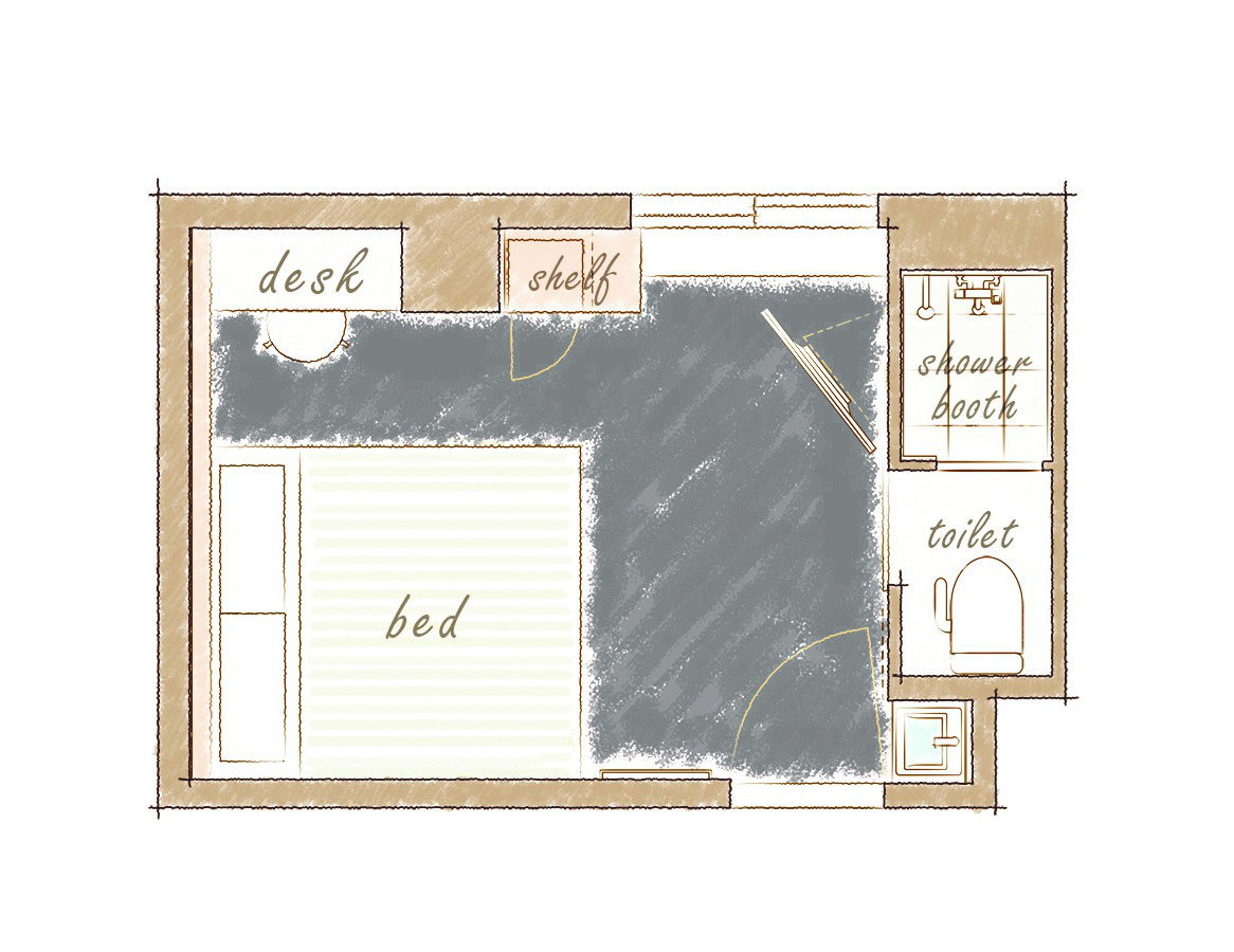 【ダブルルーム間取り図】ベッド幅180ｃｍキングサイズ完備。広々としたベッドで快眠を
