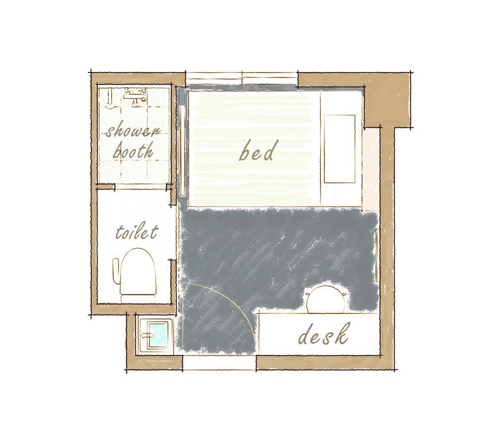 【シングルルーム間取り図】ベッド幅セミダブルサイズ125ｃｍ完備。※写真は一例になります。