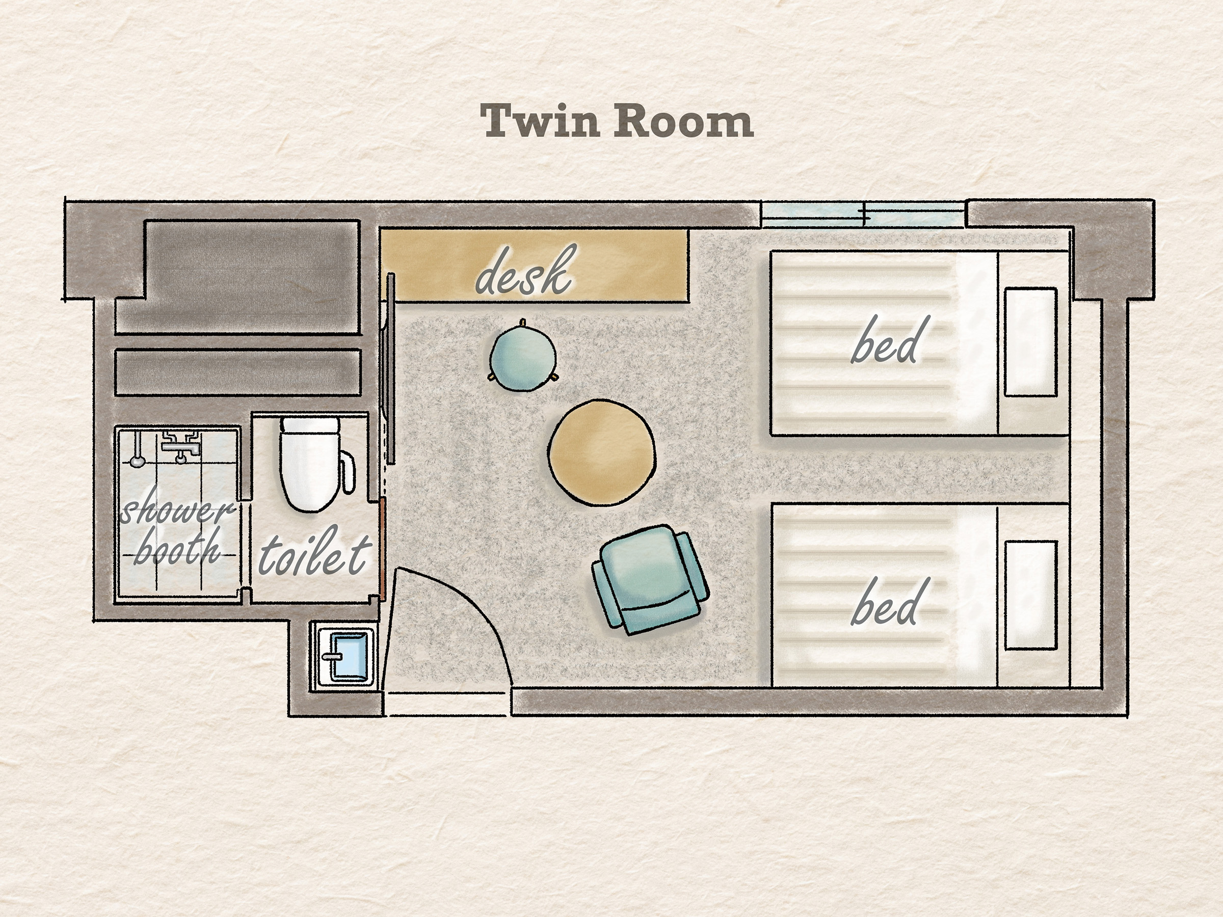 【ツインルーム間取り図】ベッド幅120ｃｍセミダブルサイズ×2台完備。