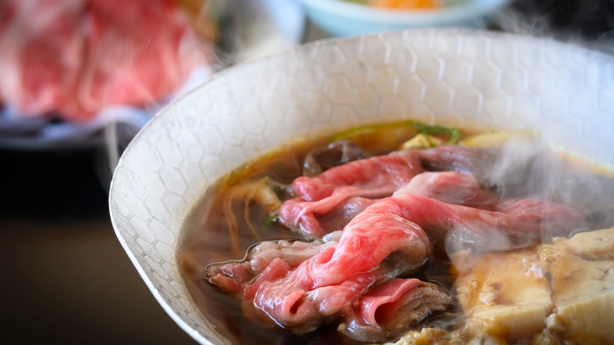 【山形牛すき鍋会席】甘じょっぱい醤油出汁にとろける山形牛がぐつぐつ♪竹屋名物浜焼き＆かぶと揚げ