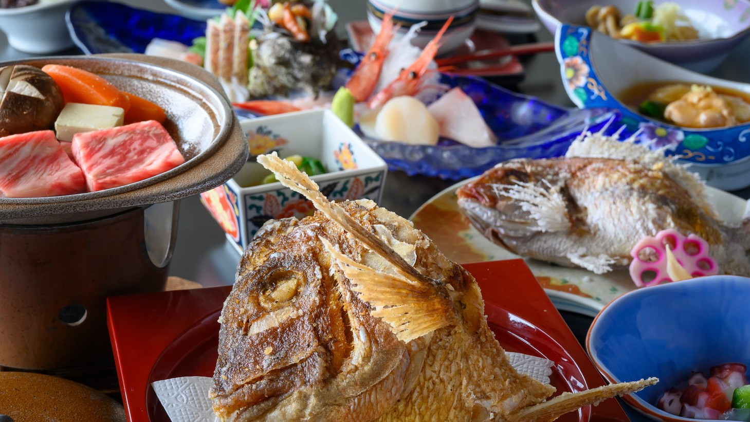 【楽天スーパーSALE】10％OFF！山形牛ステーキ80gに浜焼き・かぶと揚げの海鮮料理満載！2食付