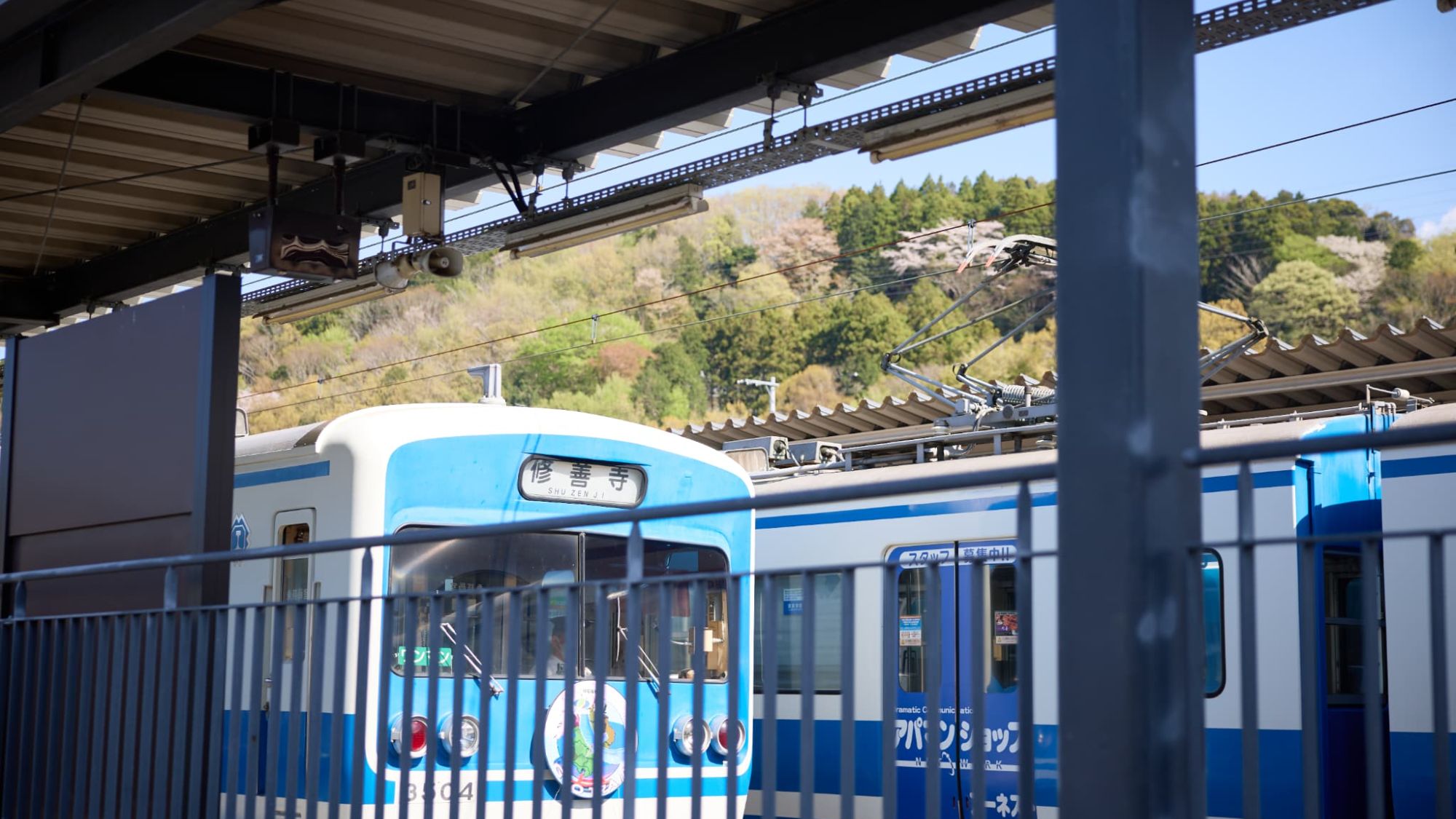 【周辺スポット｜修善寺駅】ホームに佇む電車は写真映え抜群。旅の記録を鮮やかに彩る、一枚を。