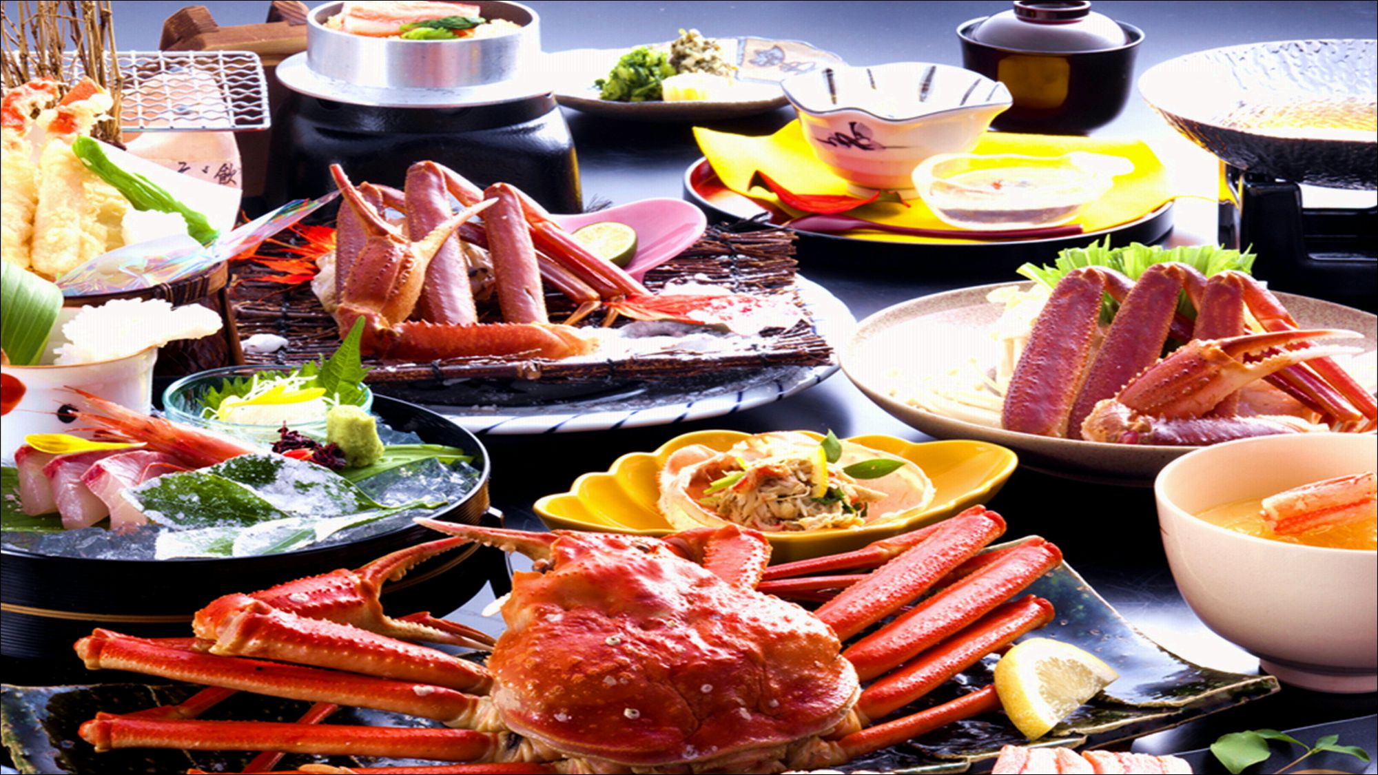 【蟹づくし会席イメージ】丸ごと姿蟹、蟹味噌共和え、蟹鍋、焼き蟹、蟹天ぷら、蟹釜飯など1人2杯相当♪