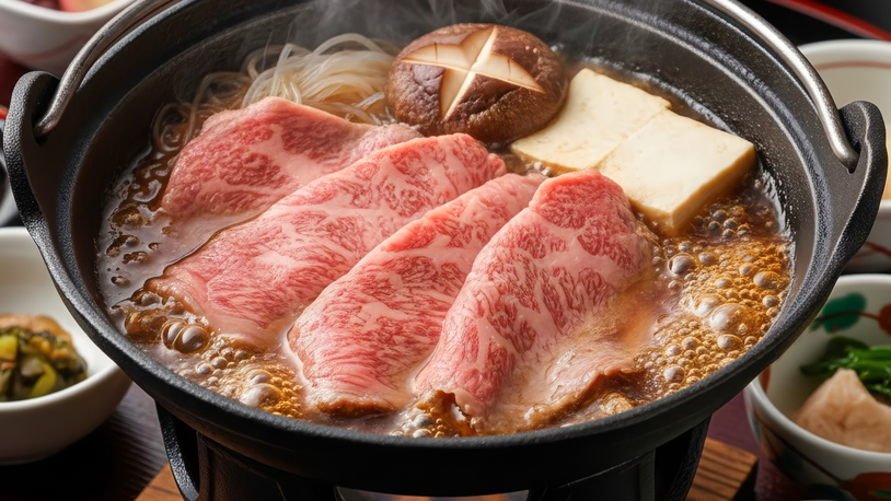 国産牛すき焼き|鮮やかな紅色の和牛を、芳醇な割下にくぐらせて