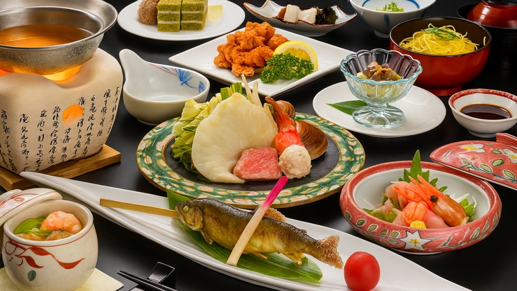 【海鮮鍋アップグレード】三陸産フカヒレと四季の山海食材を味わう和食会席《夕朝食付き》