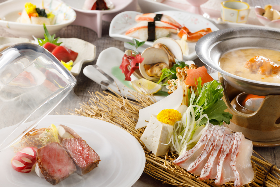 【日本料理・介寿荘】鯛の雲丹しゃぶと生ずわい蟹の握り寿司会席【夕・朝食付】